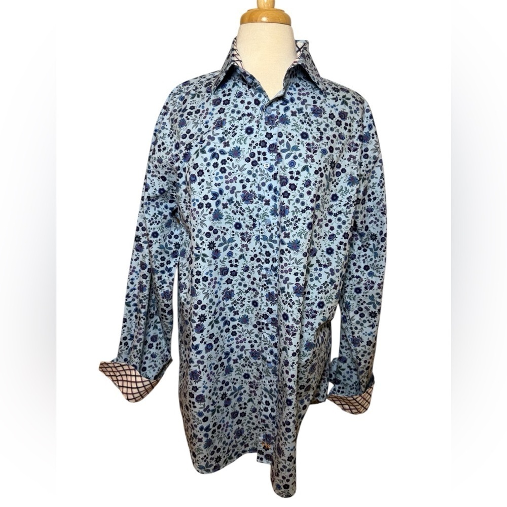 Thomas Dean Floral Blue Men's Shirt w reverse cuffs-Size XL